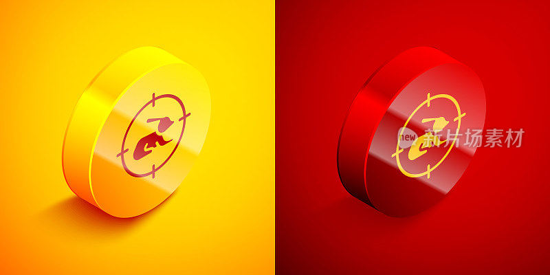 Isometric Hunt on rabbit with crosshairs icon isolated on orange and red background. Hunting club logo with rabbit and target. Rifle lens aiming a hare. Circle button. Vector